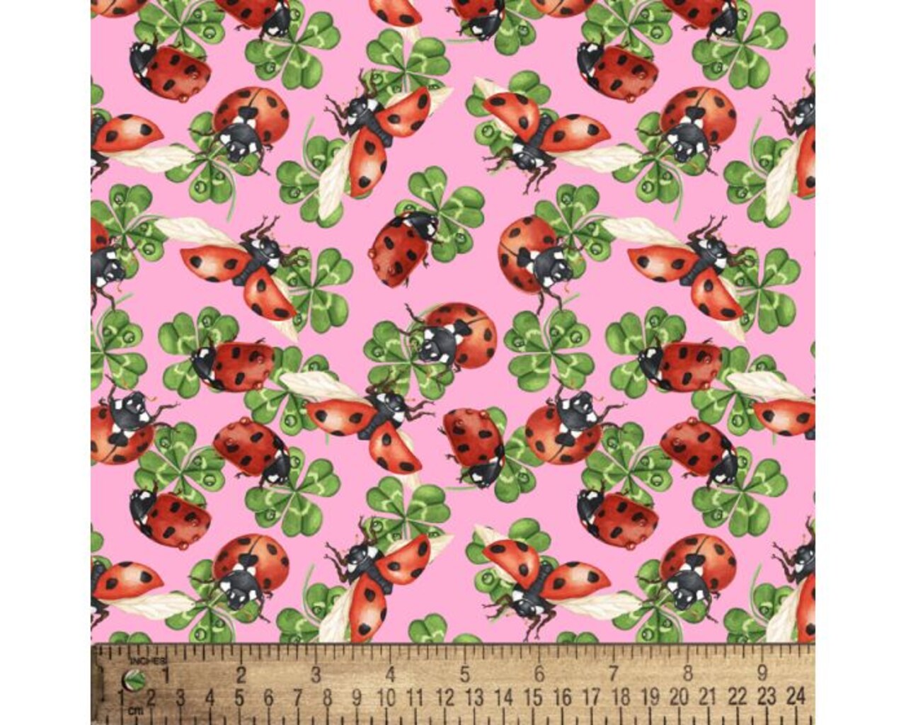 Ladybugs Lucky Clovers Pink Cotton Fabric | By the Yard | Sewing and Crafting | 44 inches wide